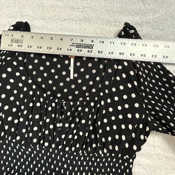 Free People Womens Polka Dot Smocked Peplum Crop Top Medium Black Bell Sleeves - Picture 5 of 7